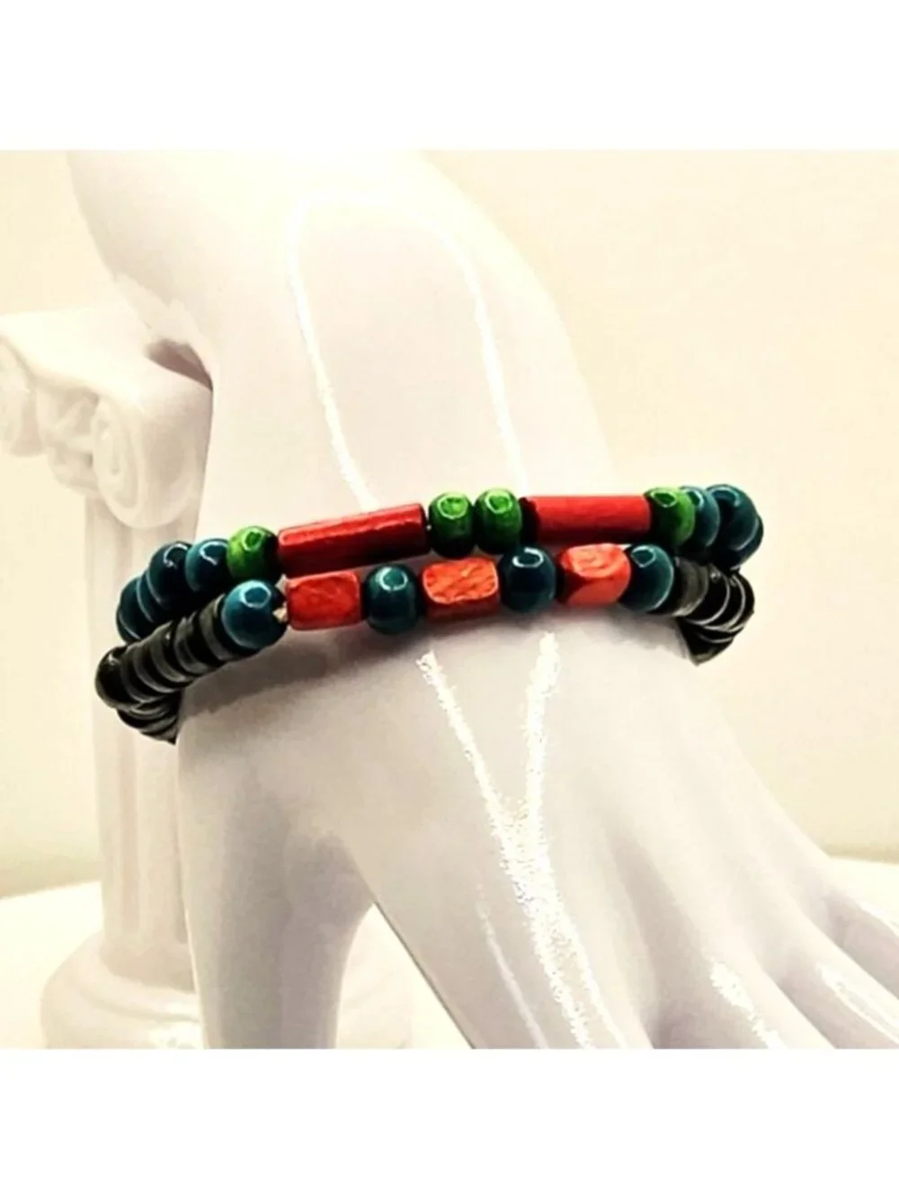Mens Wood Bead Bracelet Stack, Tribal Boho Stretch Bracelets, Masculine Layered